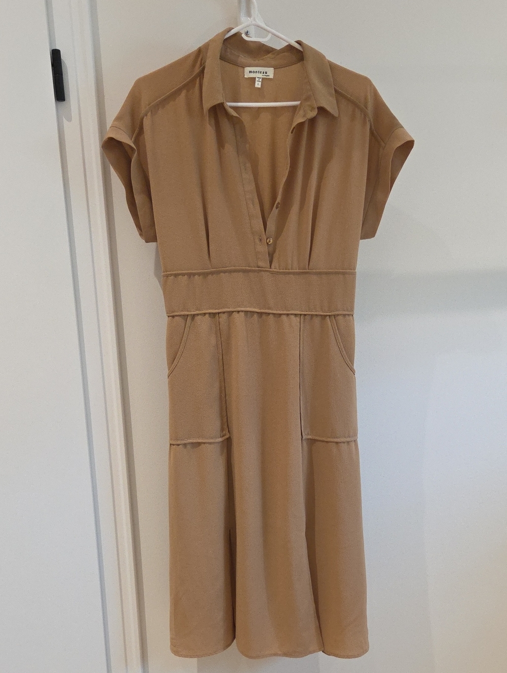 Monteau dress beige midi Women Large short sleeve pocket buttons classic